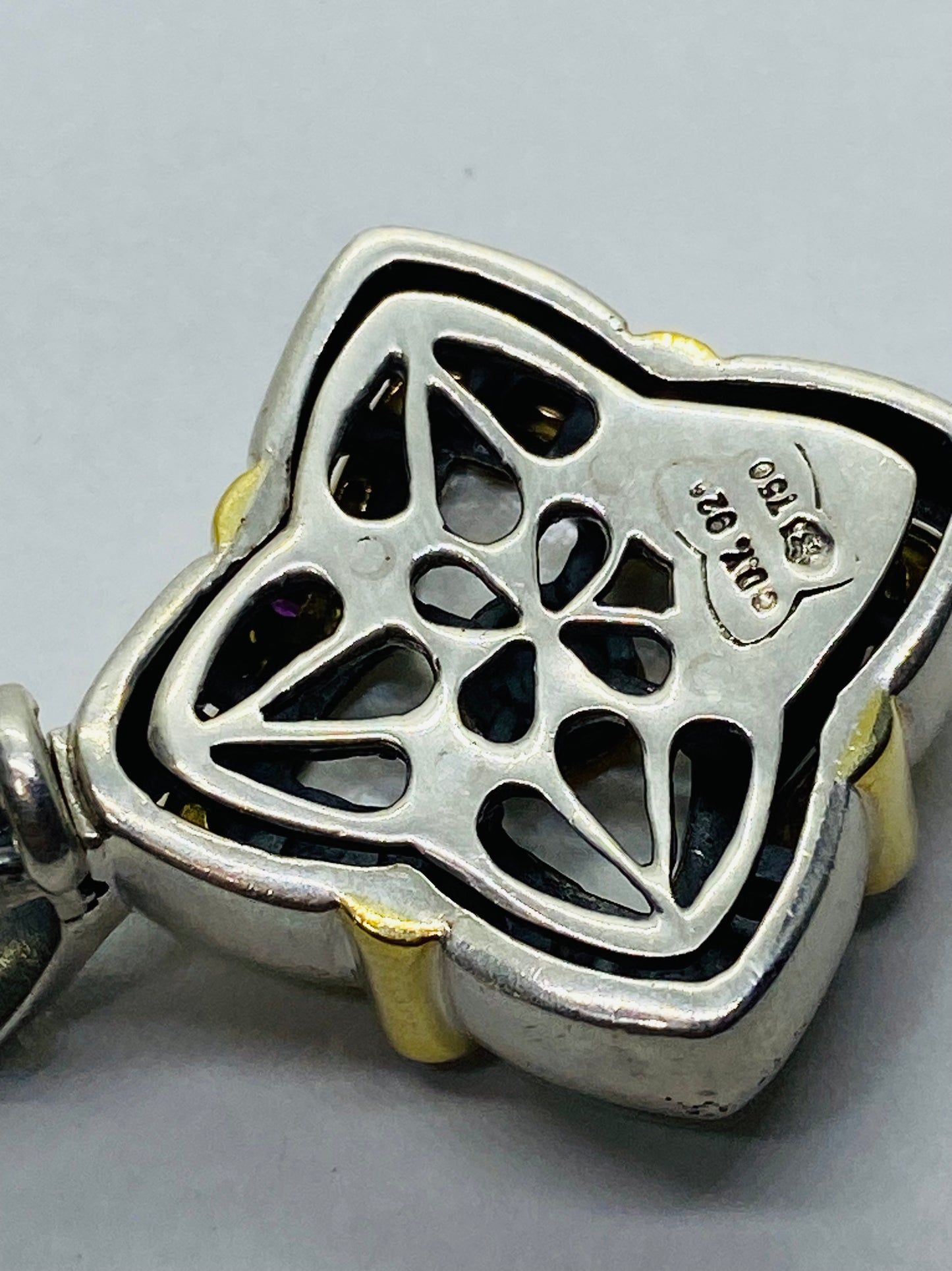 David Yurman SS & 18K Large 27MM Carved Mother of Pearl Quatrefoil  Pendant