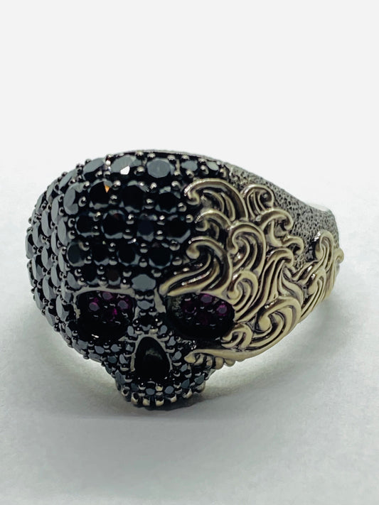 RARE SOLID 18K David Yurman Skull Black Diamond Ruby Ring in White Gold 18MM