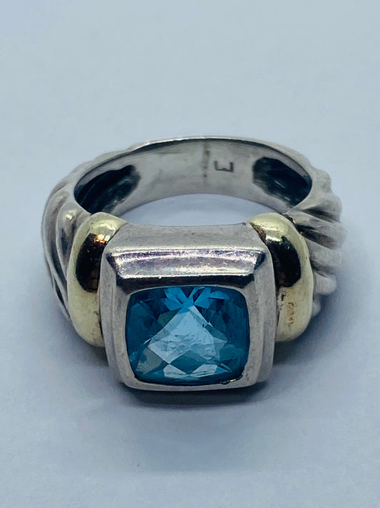 David Yurman Albion Sterling Silver & 14K Yellow Gold Blue Topaz Ring - Size 5