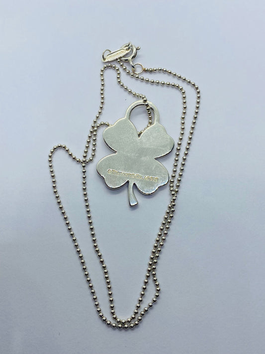 Tiffany & Co Silver Luck Shamrock Irish 4 Leaf Clover Charm Pendant Necklace 16”