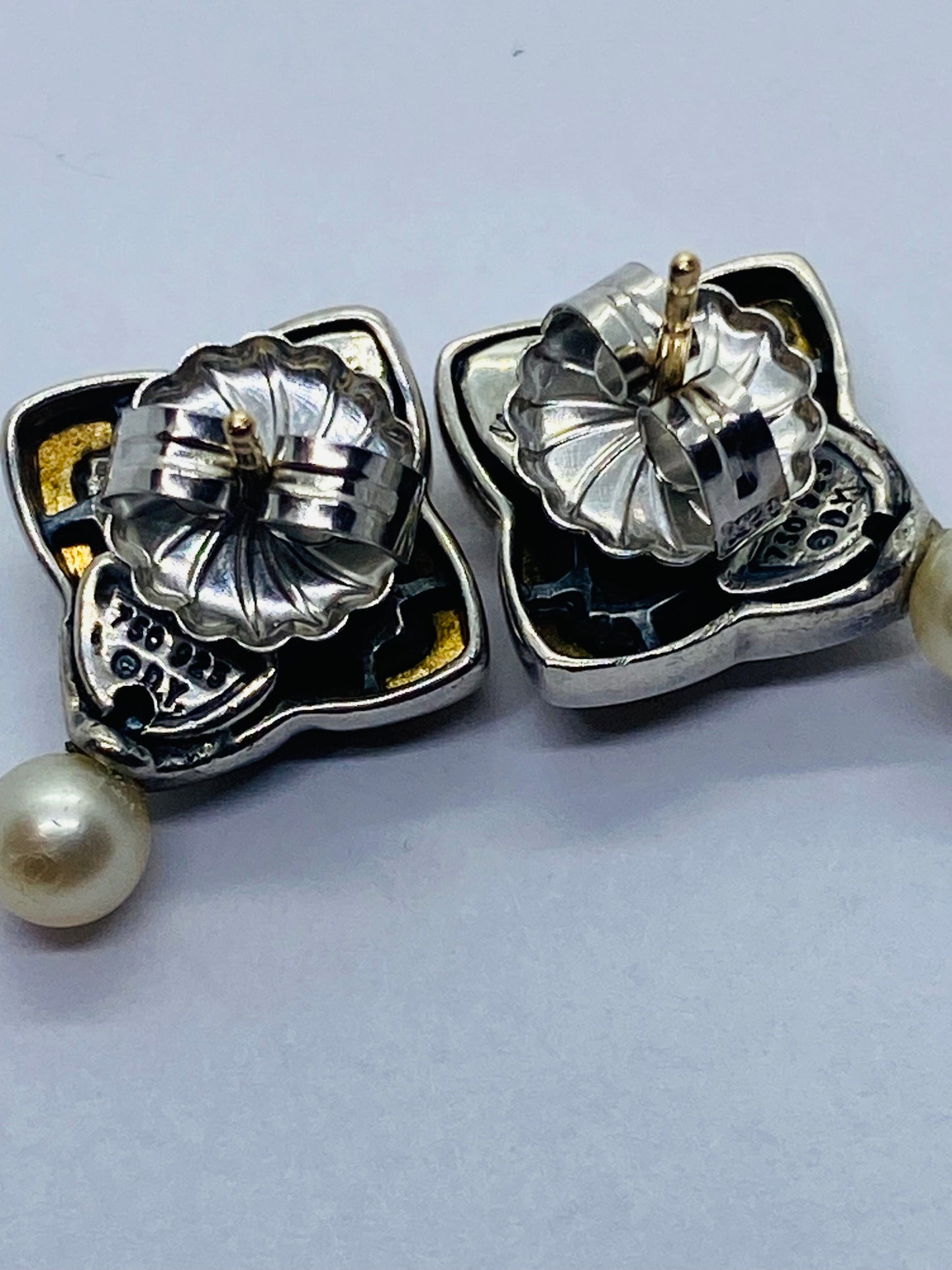 DAVID YURMAN 925 STERLING SILVER 18K GOLD QUATREFOIL PEARL STUD EARRINGS