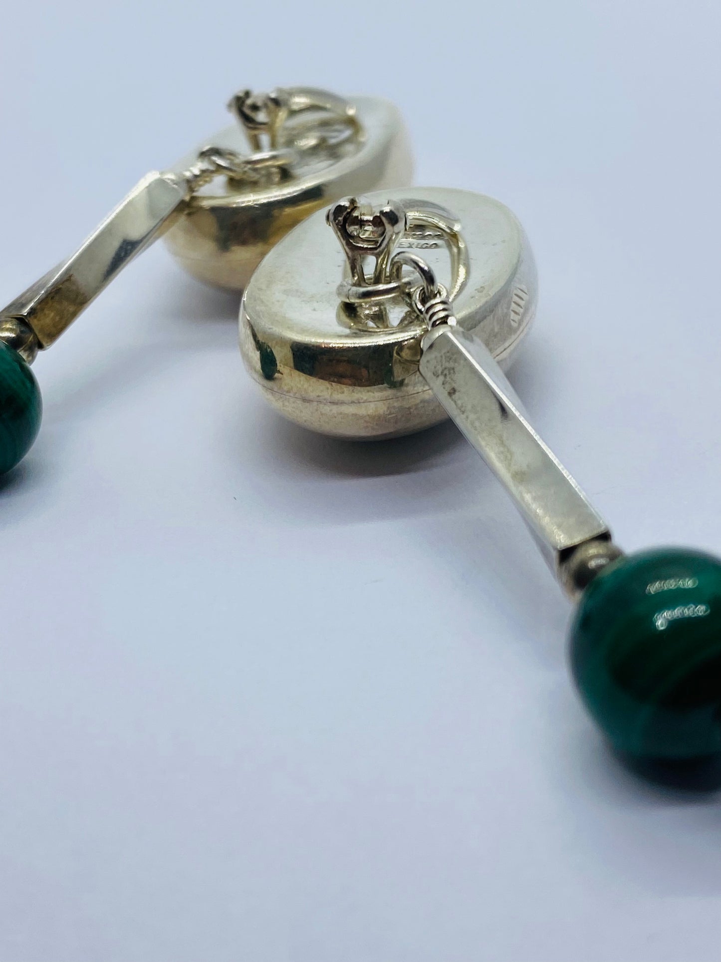 Tiffany & Co.  Sterling Silver Huge Malachite Drop Dangle Clip Earrings