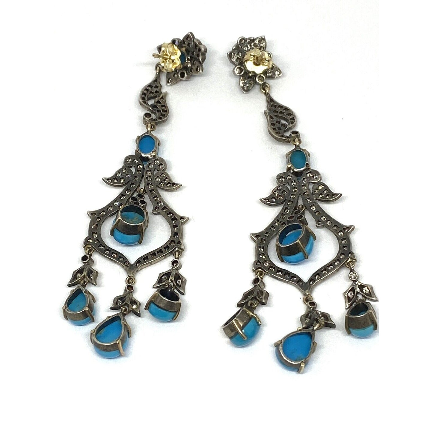 Diamond Turquoise Silver 14K Gold Filigree Long Drop Earrings 16.9 Mint!