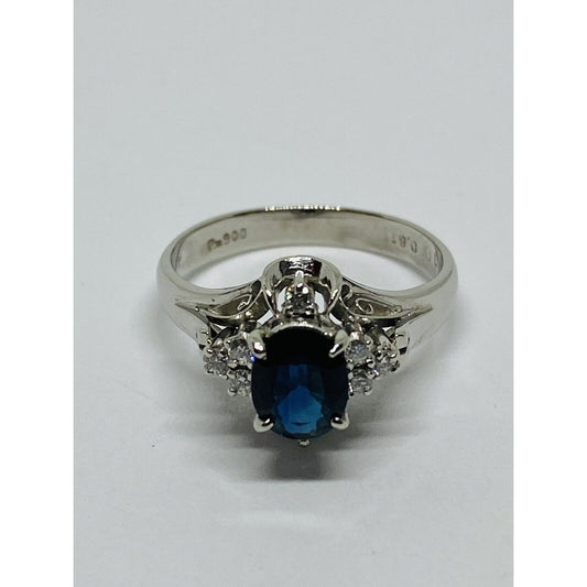 Platinum 900 Blue Sapphire Diamond Ring Size 5 .91 ctw