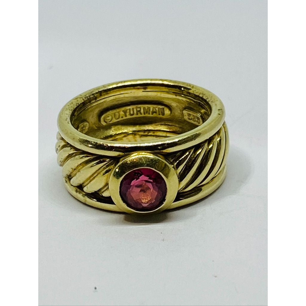 Beautiful David Yurman 14K Yellow Gold & Pink Tourmaline Wide Band Ring 9mm Wide