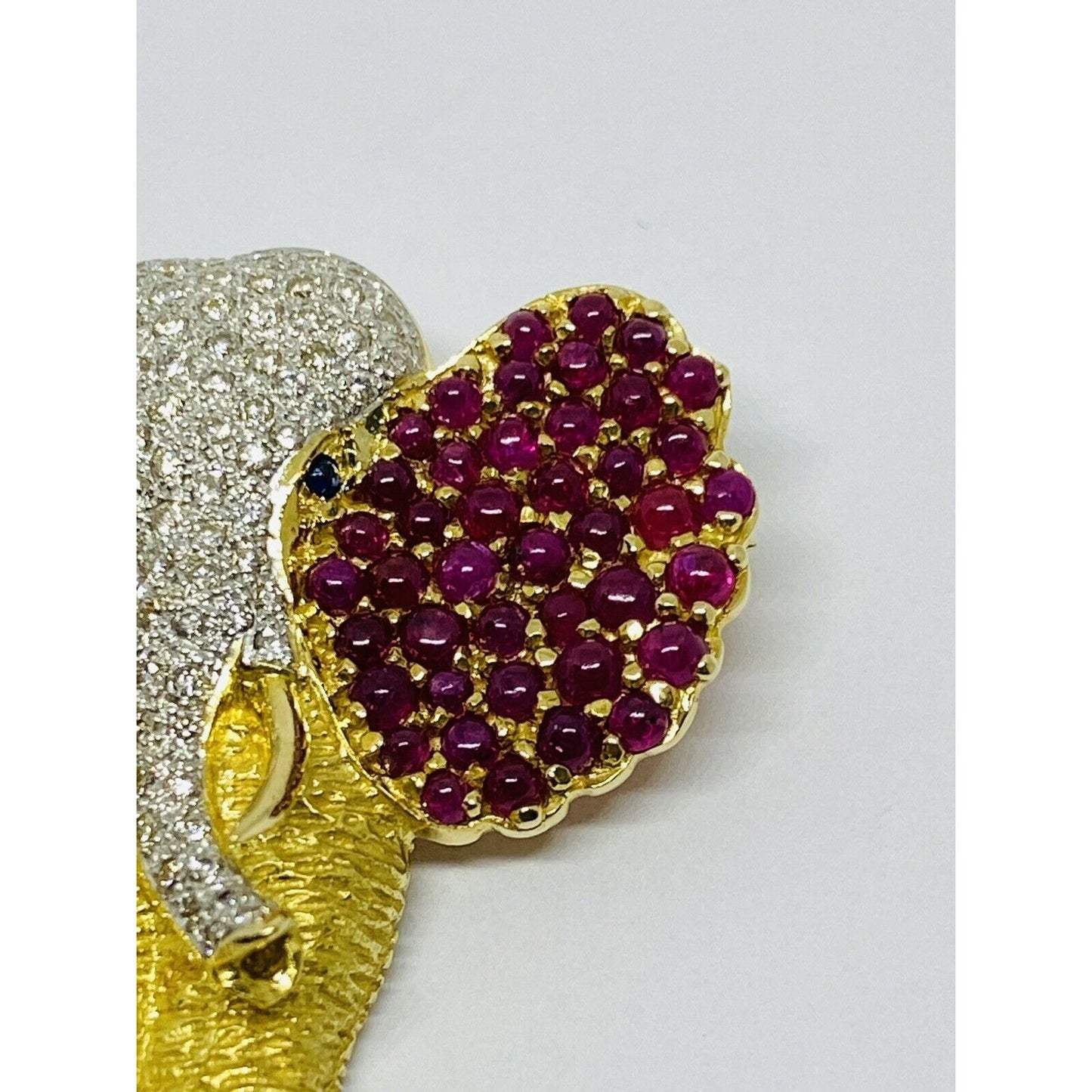 18k Solid Yellow Gold Elephant Brooch Pin With Natural Rubies Diamonds Sapphire