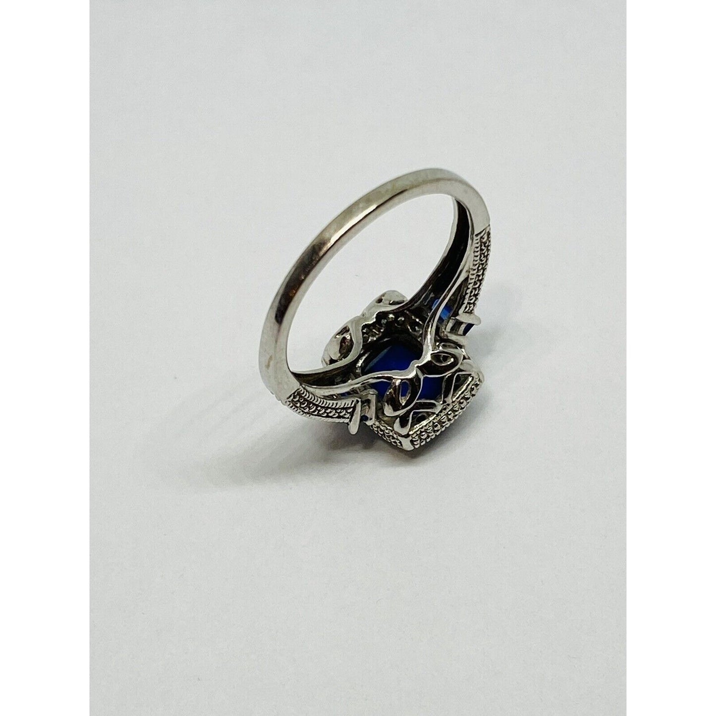 10k White Gold  Blue Sapphire & Diamond Halo Ring Signed FLI Size 6.75