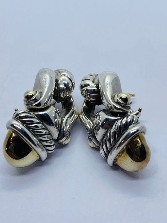 David Yurman Earrings Dangle Drop Acorn Cable Sterling Silver 925 14k Gold 585