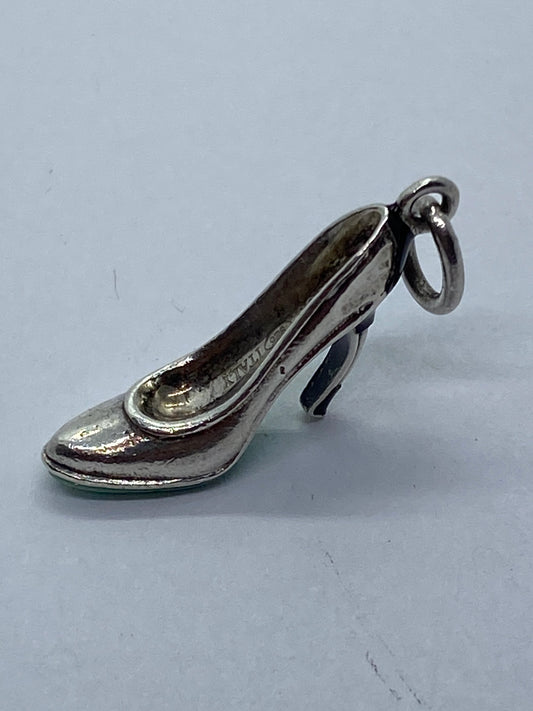 Tiffany & Co Silver Enamel Blue Black Enamel Plum Heel Shoe Charm Pump.