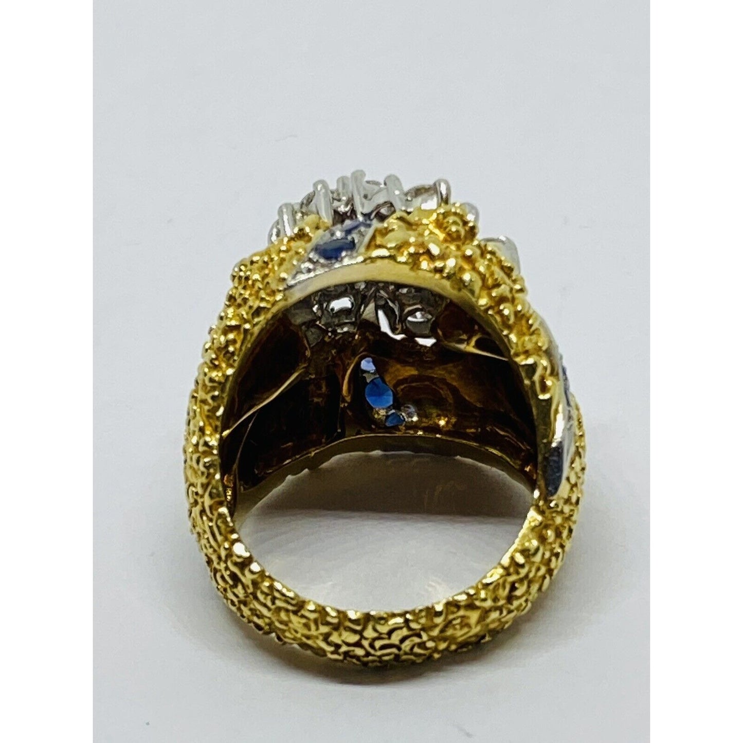 Heavy 18k Two Tone Gold 2.28TCW  VS Diamond Sapphire Cluster Texture Dome Ring