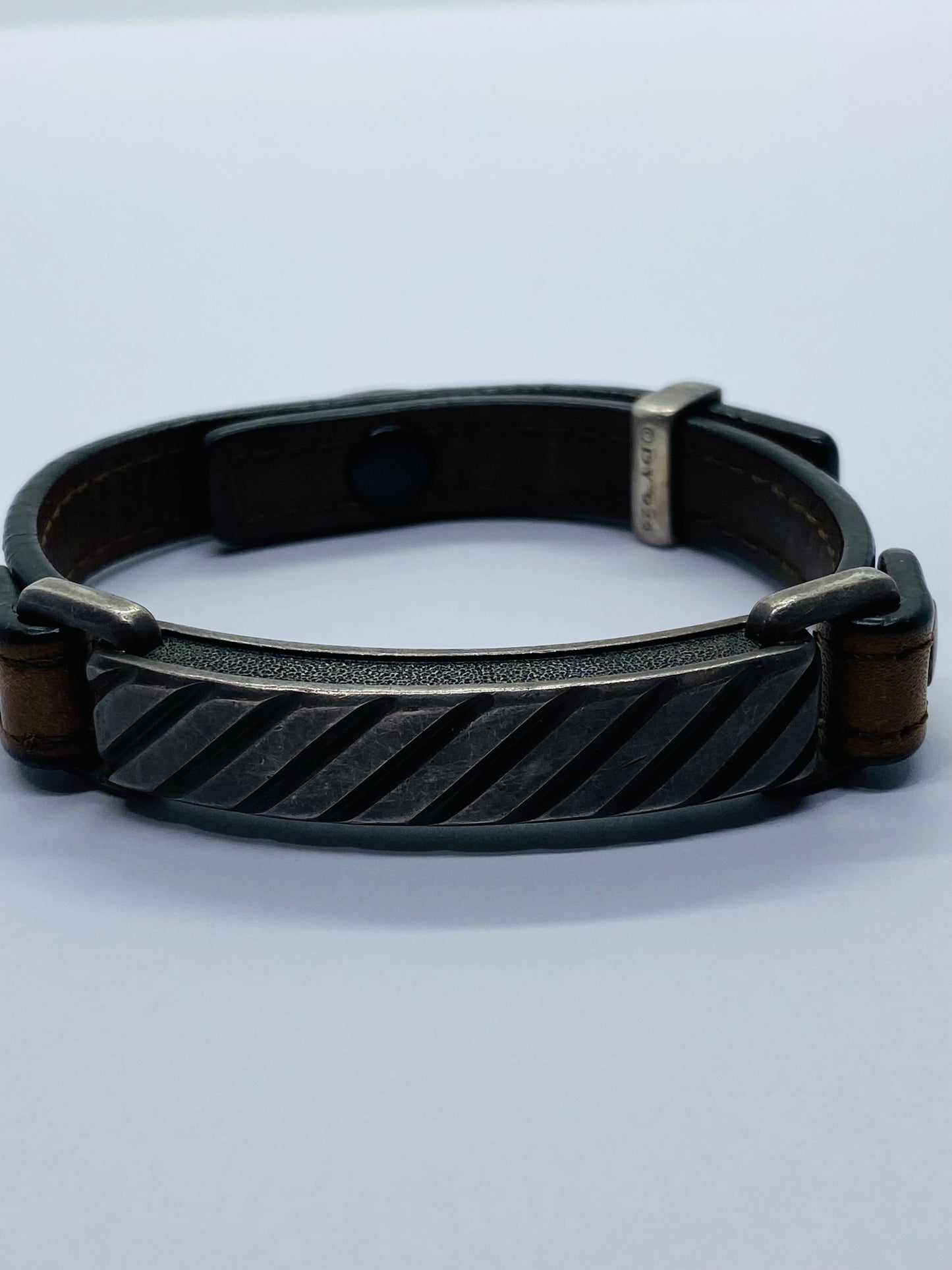 David Yurman Darkened Sterling Silver Modern Leather Striped ID Bracelet Brown