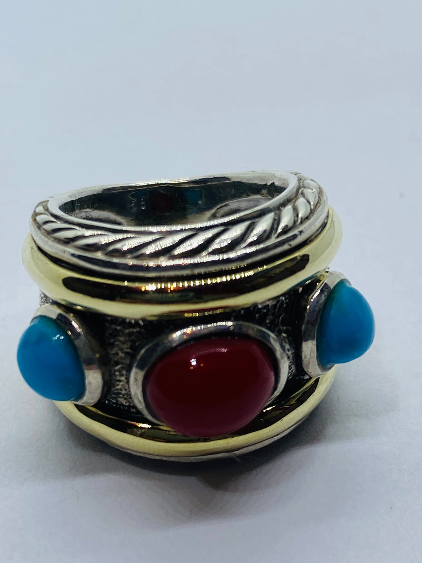 DAVID YURMAN 14K Gold Sterling Silver Turquoise Carnelian Renaissance Ring 5