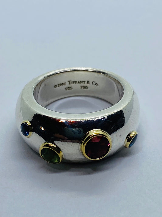 Tiffany & Co Sterling Silver 18K Gold Etoile Sapphire Tourmaline Peridot Ring 6