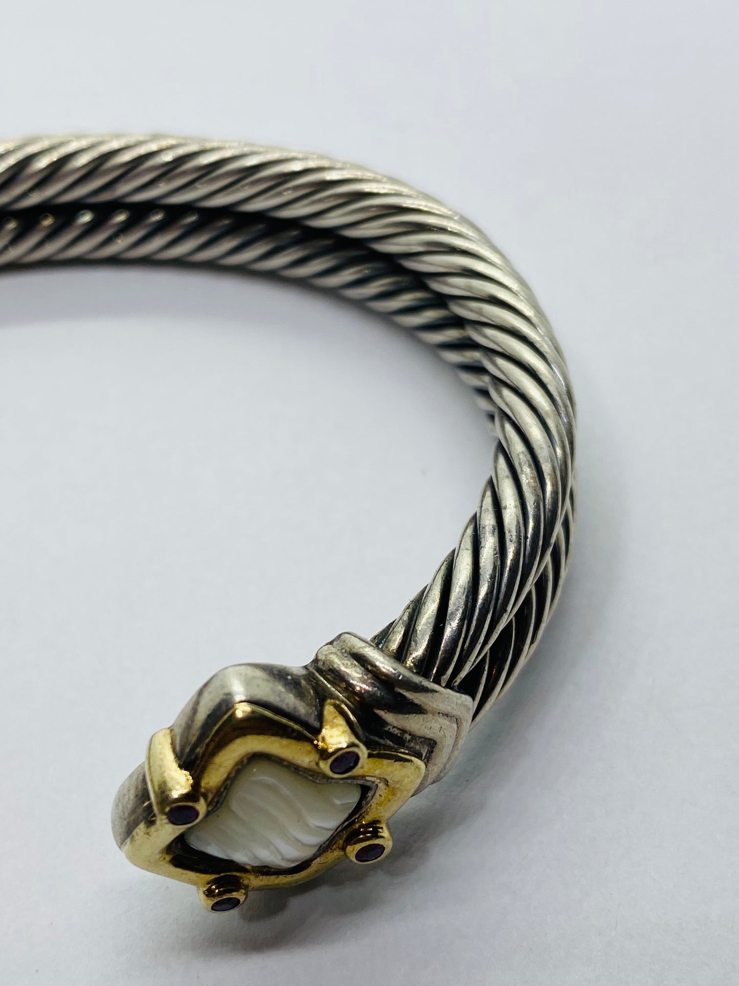 David Yurman Double Cable Sterling 18K Quatrefoil Carved Mother Pearl Bracelet
