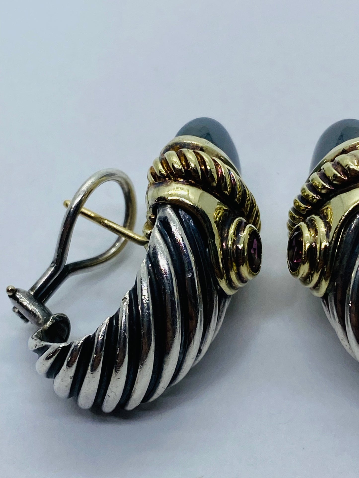 David Yurman Renaissance Shrimp Earrings 925/14K Gold Hematite Pink Tourmaline