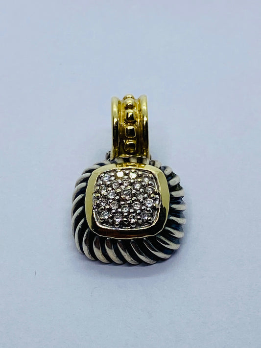 David Yurman Sterling Silver 18K Gold Pave Diamond Albion Cable Pendant