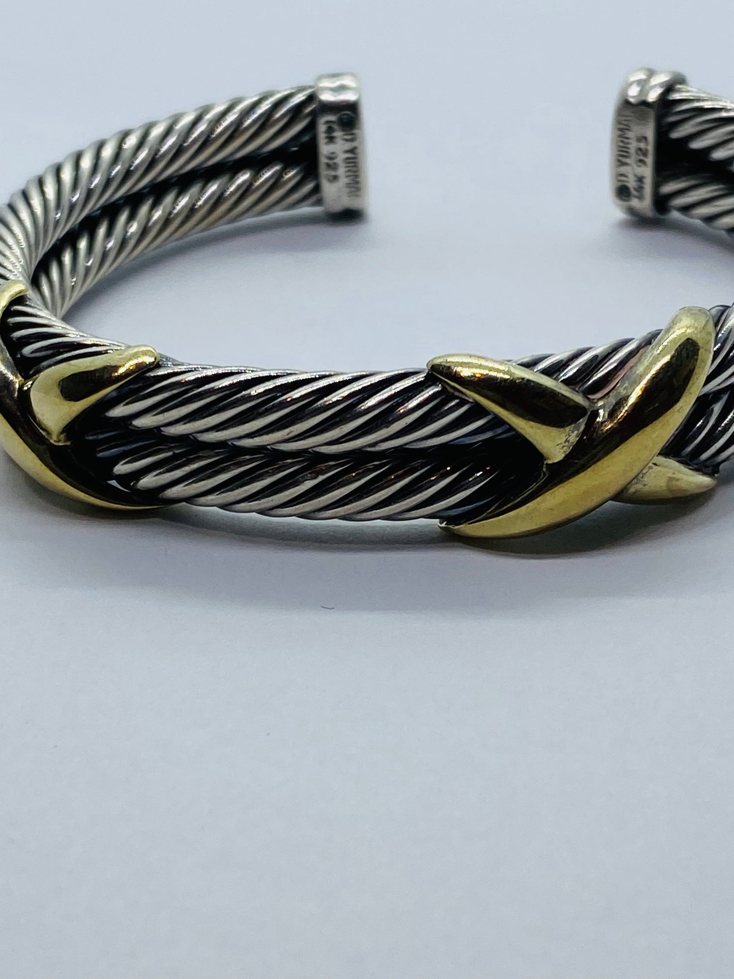 David Yurman Double X Cable Cuff Bracelet 6 1/4" Sterling 925 & Yellow Gold 14k