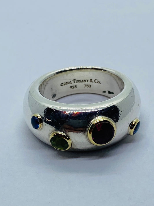 Tiffany & Co Sterling Silver 18K Gold Etoile Sapphire Tourmaline Peridot Ring