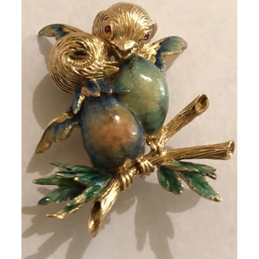 Solid Yellow Gold 18K Enamel Birds Brooch/Pin Vintage