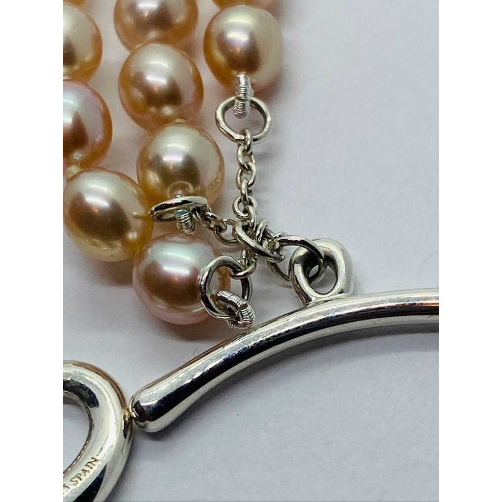 Tiffany & co. Elsa Peretti 3 Row Pink Pearl Heart Silver 925 Bracelet 7.5"