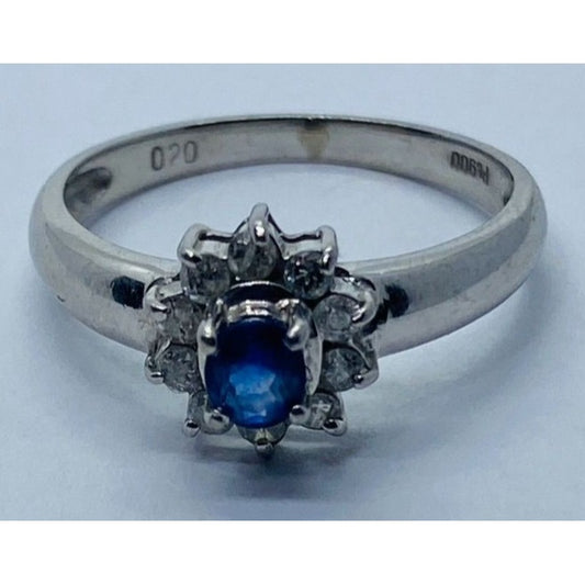 Solid Platinum 900 Navy Sapphire Diamond Halo Ring - 2.7 gms, Sz 5 , .40 TCW