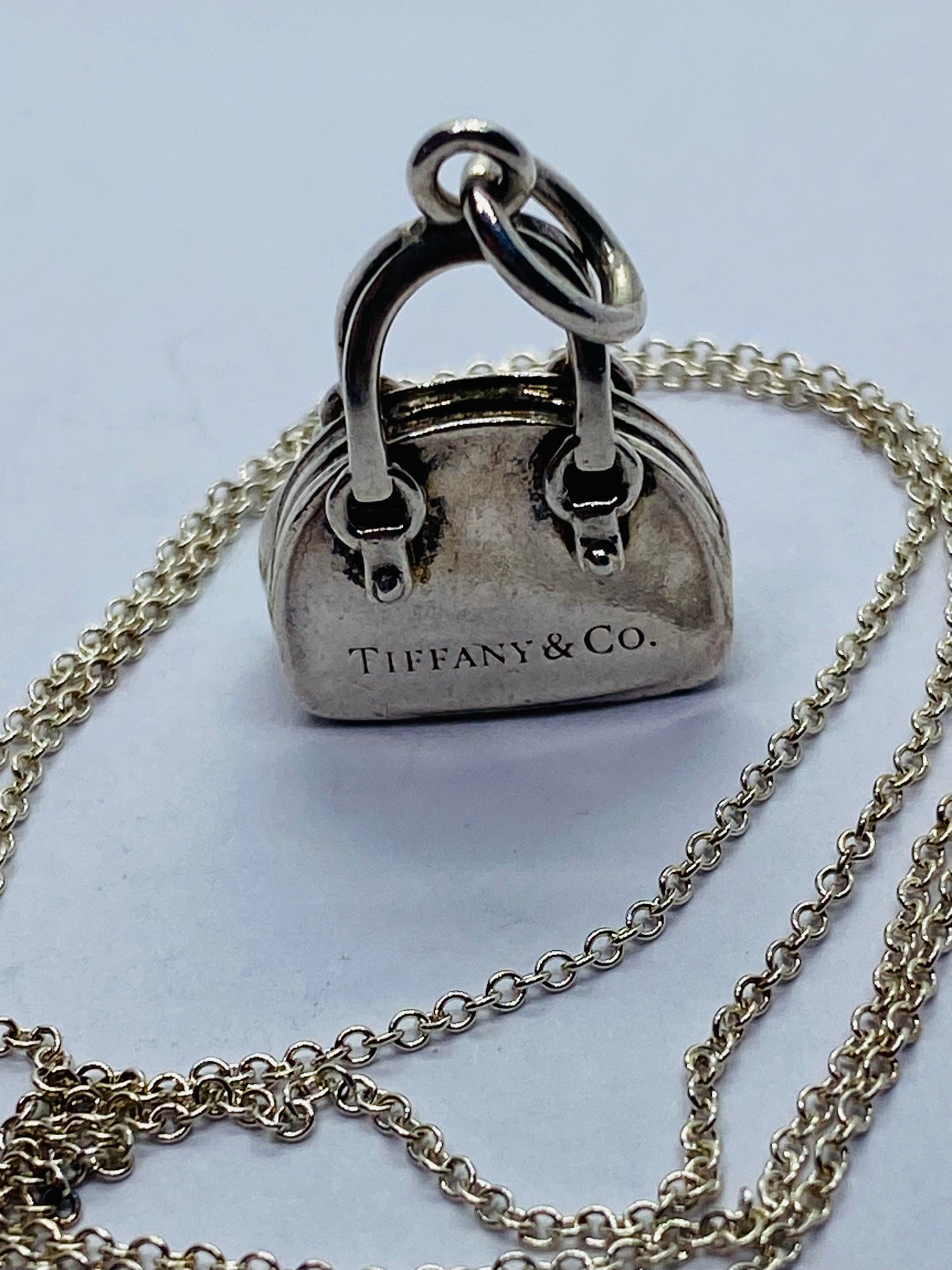 Tiffany & Co. Sterling Silver Handbag and Enamel Heart Italy  Pendant Necklace