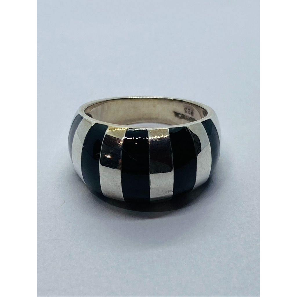 Tiffany & Co. Silver Black Enamel Stripe Dome Ring Size 6.5
