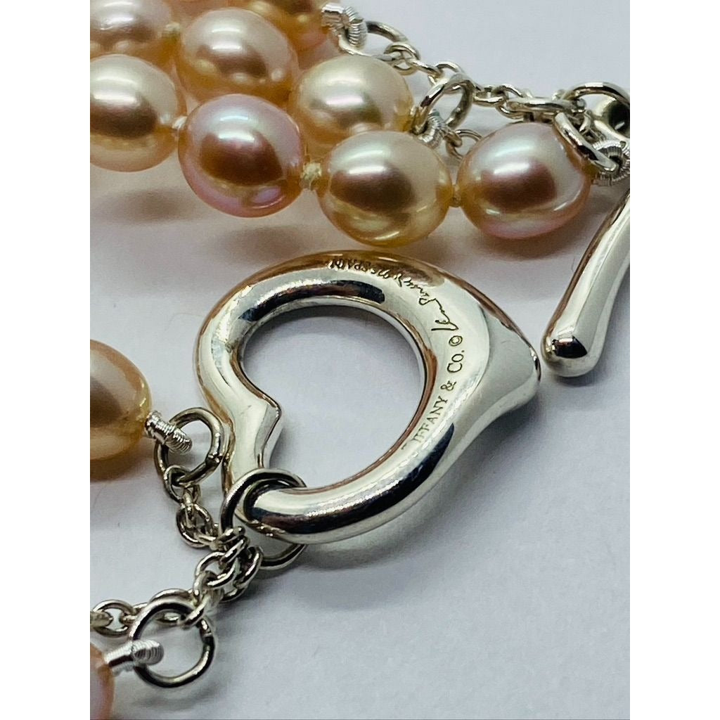 Tiffany & co. Elsa Peretti 3 Row Pink Pearl Heart Silver 925 Bracelet 7.5"