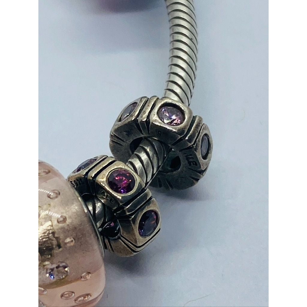 Authenitc Pandora Sterling Silver Bracelet With 9 Charms Pink Purple Theme