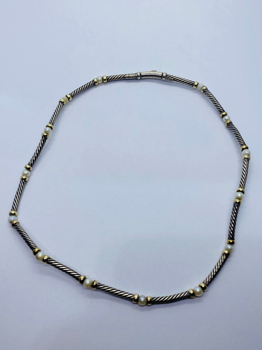 David Yurman Hampton 14K Gold 585 Pearl Sterling Silver 925 Choker Necklace 15"