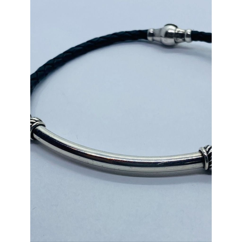David Yurman Sterling Silver 925 Black Leather Bracelet - 8" Wrist