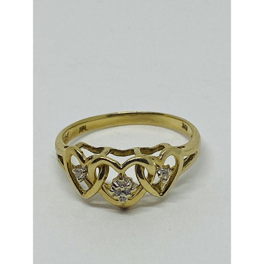 10K Gold 3 Heart Diamond Ring Size 7, Signed ADL