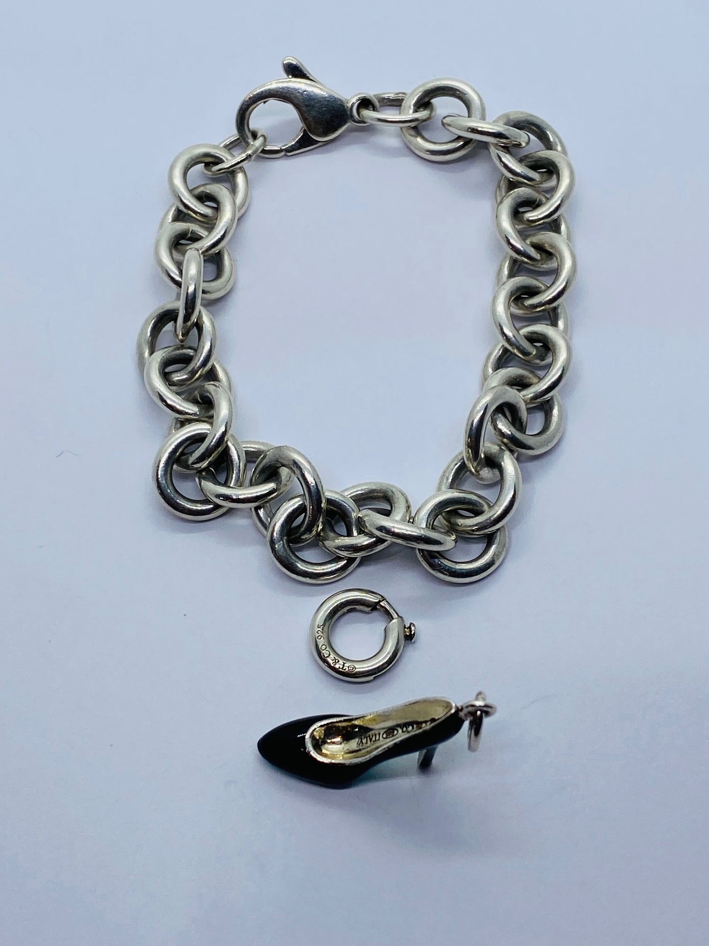 Tiffany & Co Silver Enamel Blue Black Enamel Heel Shoe Charm Pump Bracelet 7.5”
