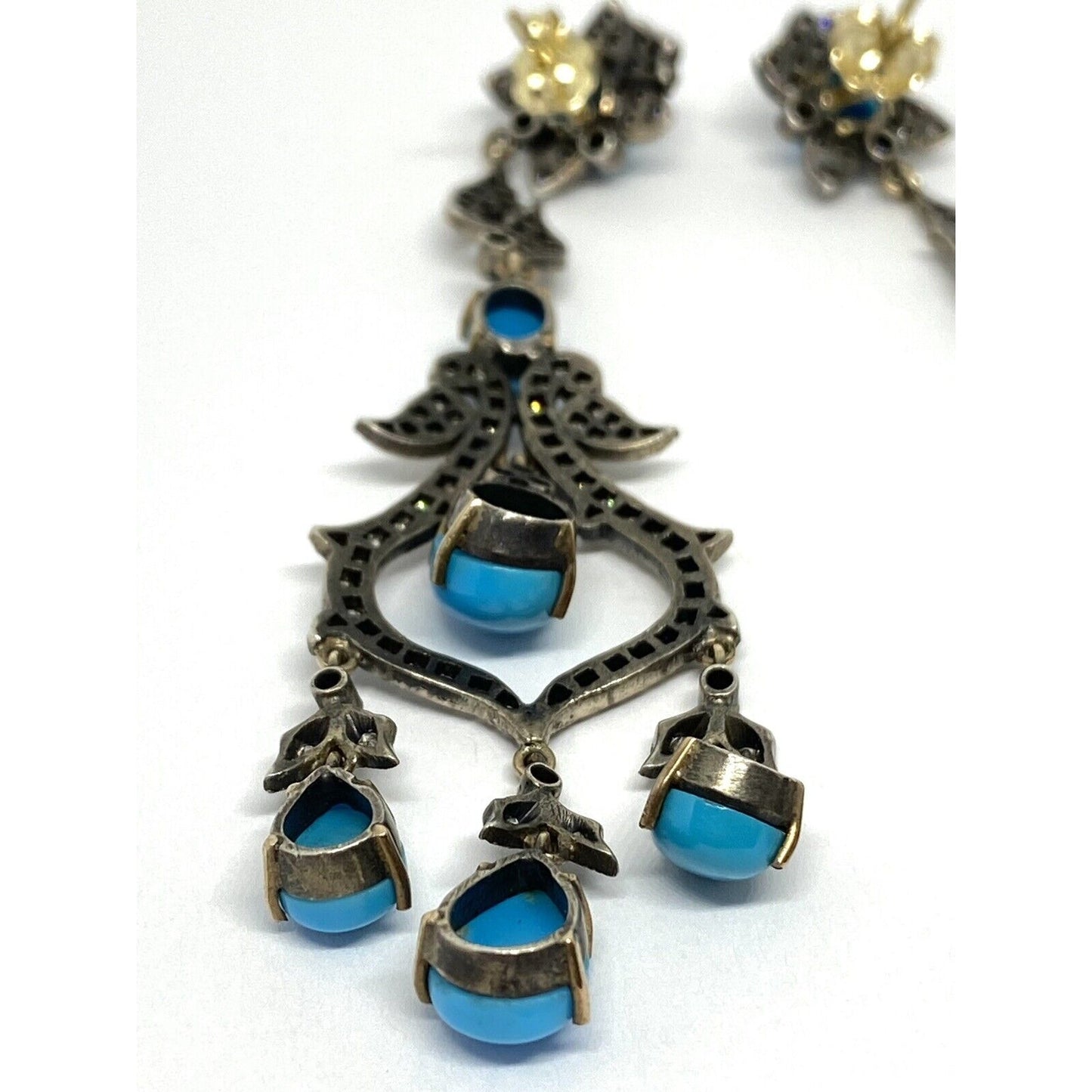 Diamond Turquoise Silver 14K Gold Filigree Long Drop Earrings 16.9 Mint!