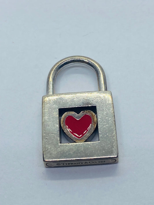 TIFFANY & CO. Red Heart Padlock Charm Sterling Silver Pendant.