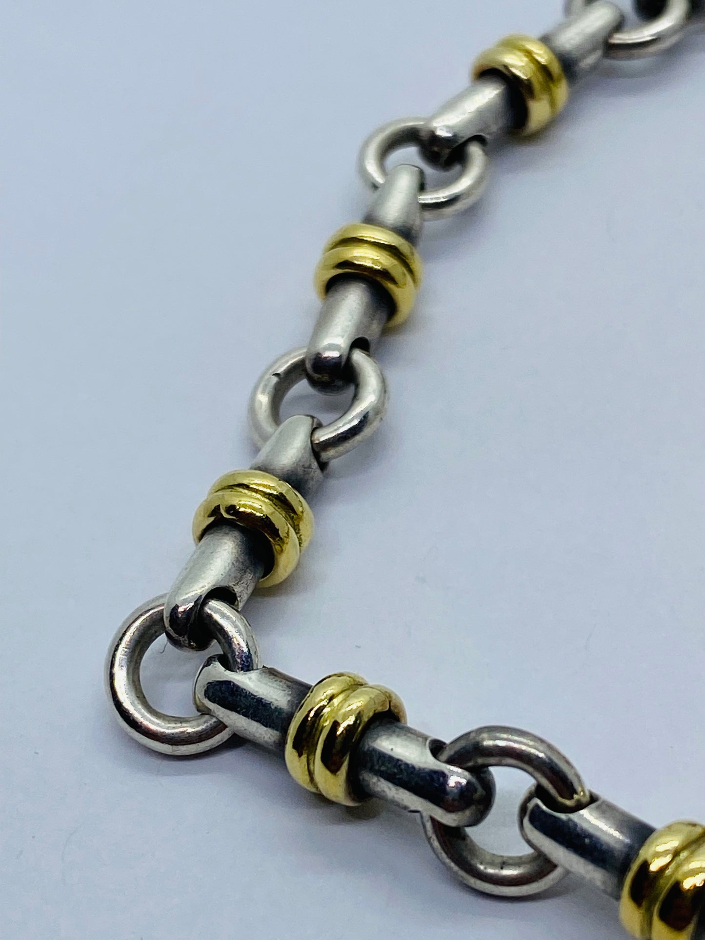 Tiffany Co Sterling Silver 18k Gold Bar Link Bracelet 7 1/8” Pouch Box