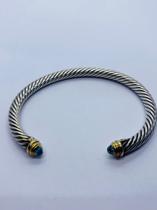 David Yurman Sterling Silver 14k Gold 5mm Cable Bangle Cuff Blue Topaz Bracelet