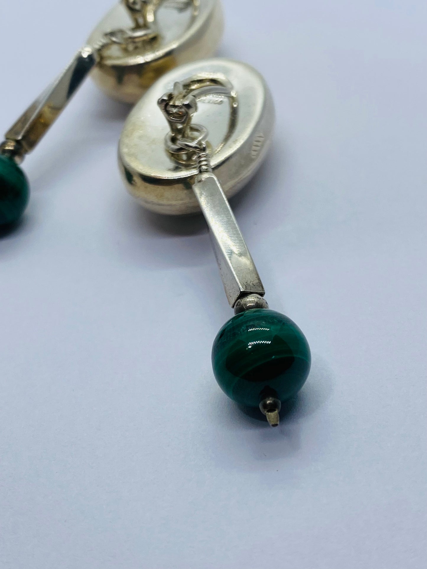 Tiffany & Co.  Sterling Silver Huge Malachite Drop Dangle Clip Earrings