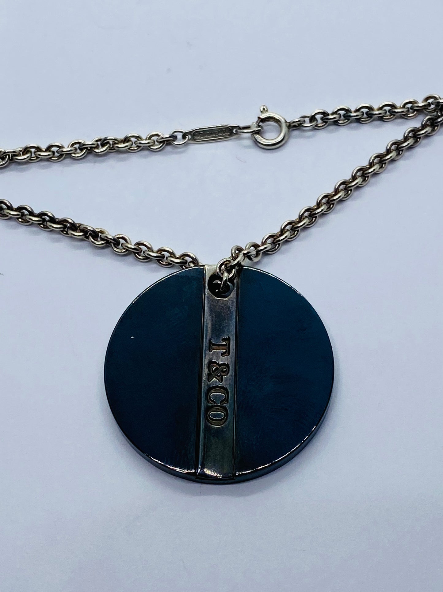 Tiffany & Co. Titanium Sterling Silver Round Disc Pendant & Chain Necklace Pouch