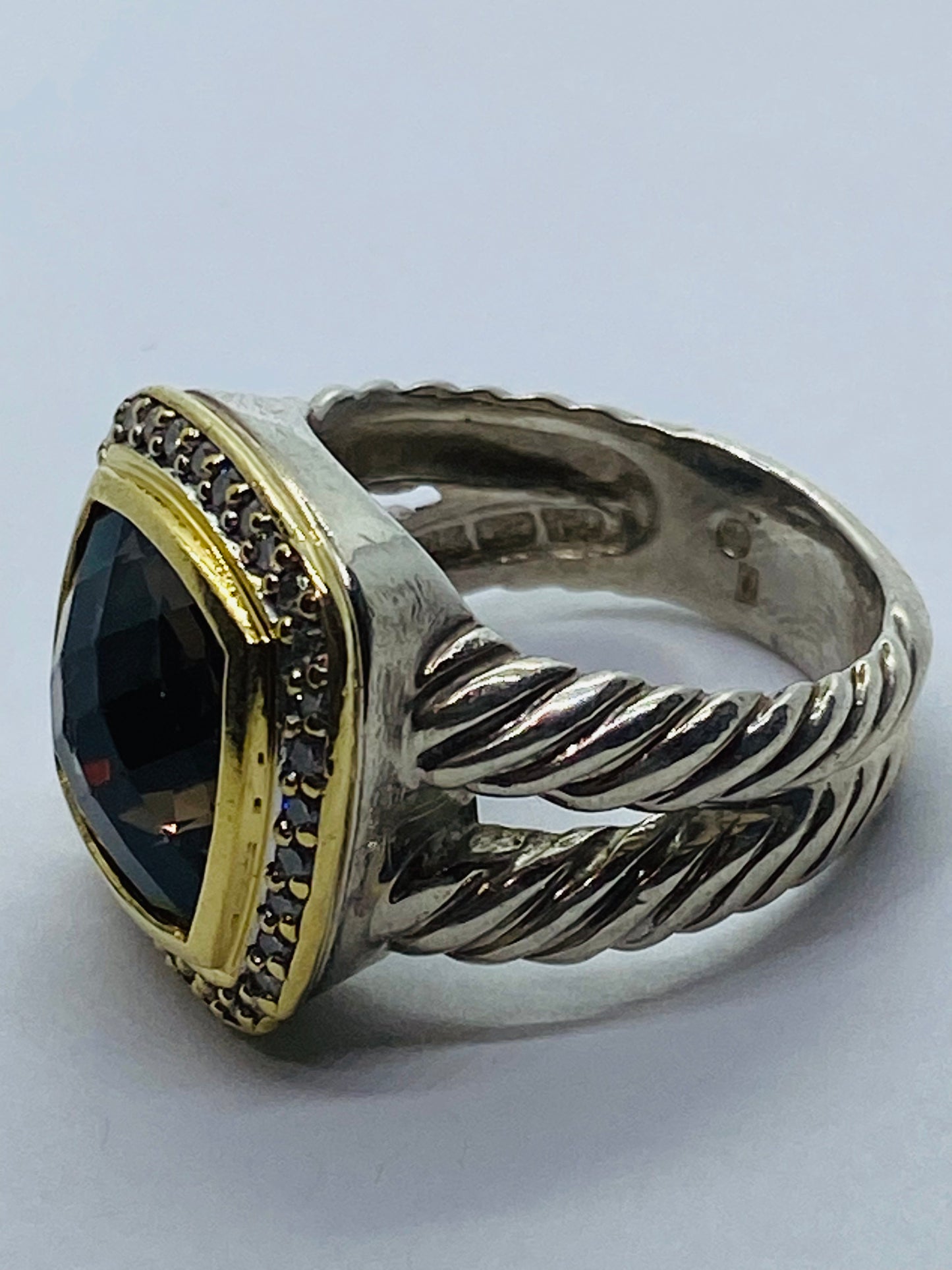 David Yurman Silver 925 & 18k Gold Albion 11mm Smoky Topaz Diamond Ring Sz 6.25