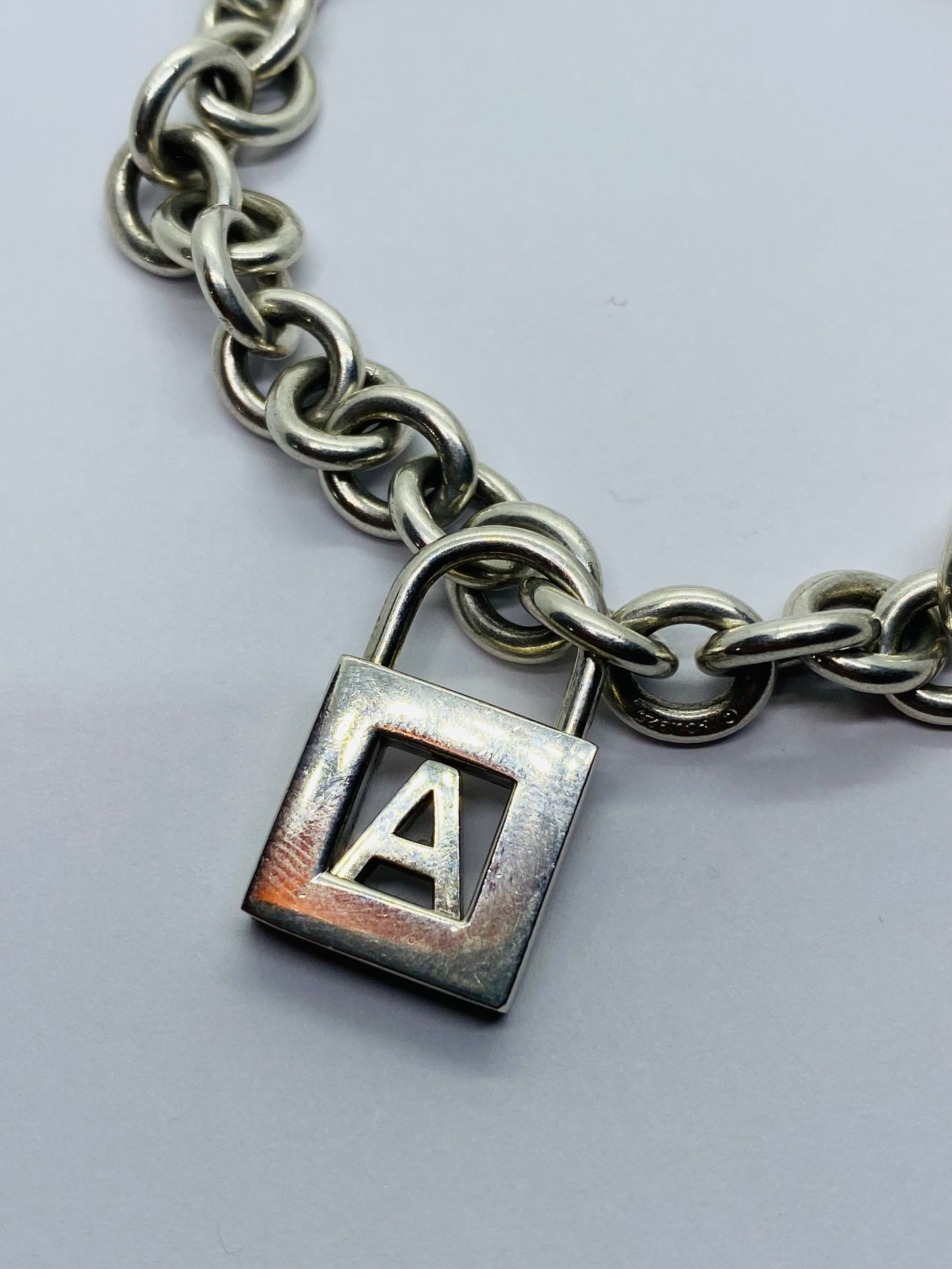 Tiffany & Co Sterling Silver Letter A Alphabet Initial Padlock Bracelet 8”
