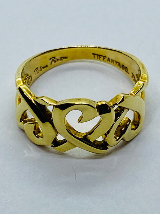 TIFFANY & Co Ring Triple Loving Heart  Solid 18K 750 Yellow Gold US 4.5