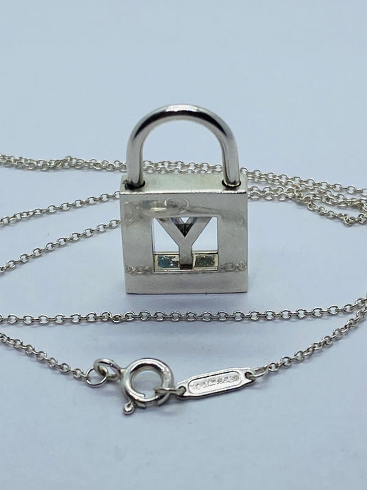 Tiffany & Co Silver Alphabet Letter "Y" Padlock Charm Pendant 17.5” Necklace