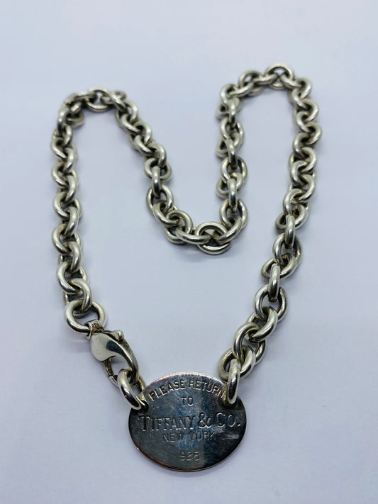 Tiffany & Co. Return to Oval Tag 925 Sterling Silver Choker Necklace 15.5”