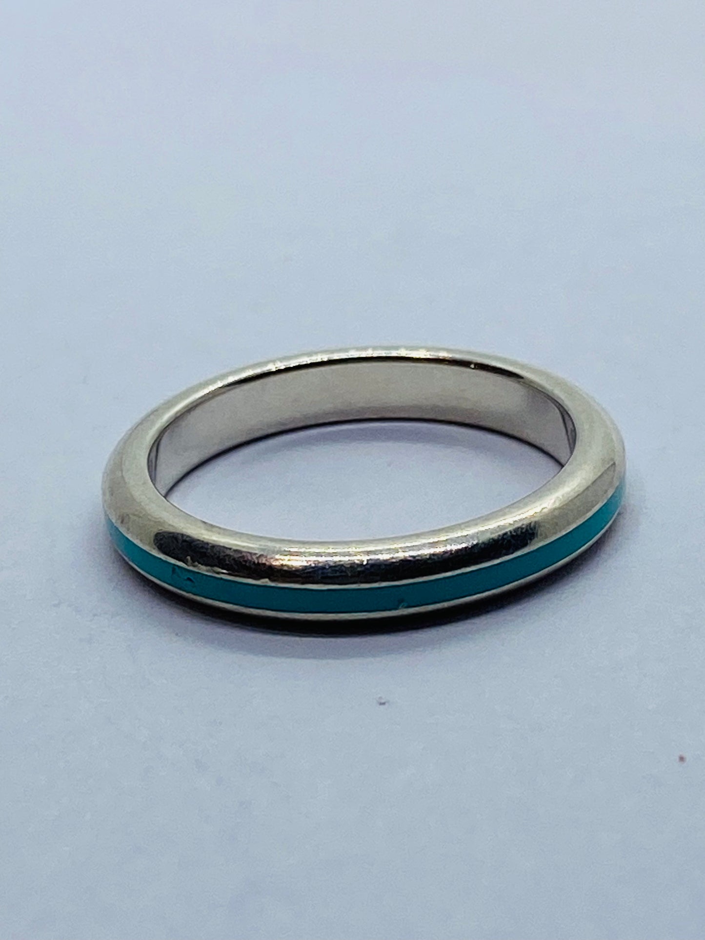 Tiffany & Co. Sterling Silver Blue Enamel Narrow Band Ring Pre-Loved Size 5.25