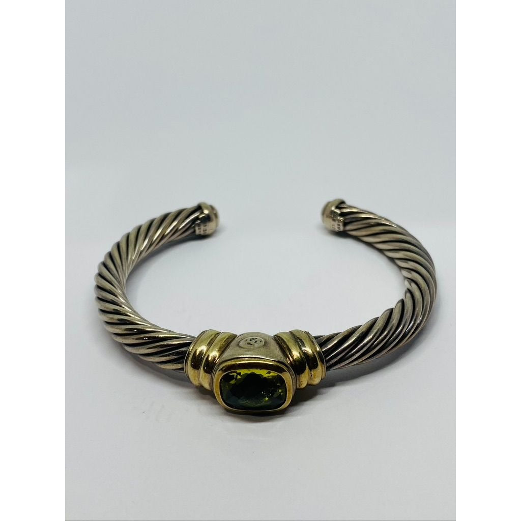 David Yurman Twisted Cable Cuff Bracelet 925 Silver & 14k Gold Peridot (chipped)