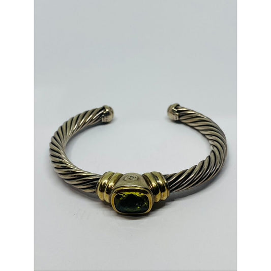 David Yurman Twisted Cable Cuff Bracelet 925 Silver & 14k Gold Peridot (chipped)
