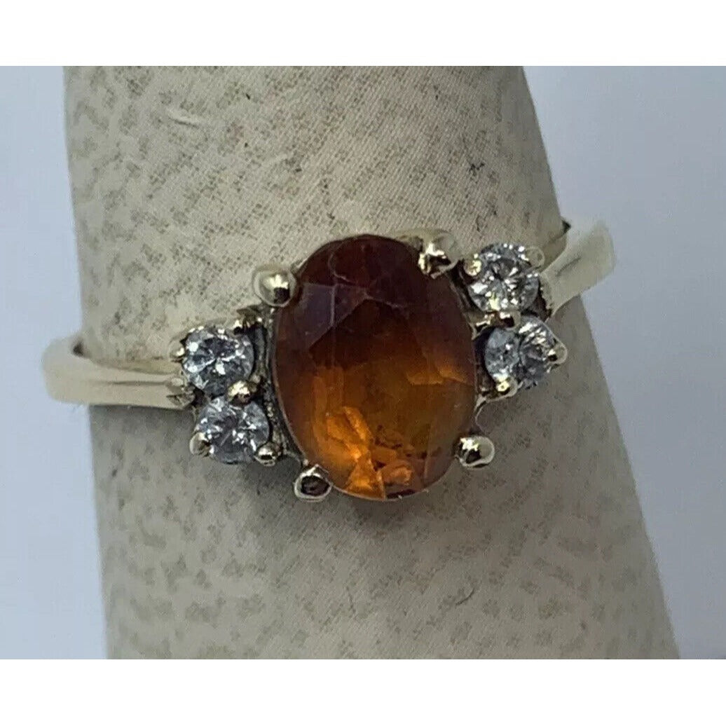 14K Yellow Gold Diamond & Orange Stone, Size 6.5 Hallmarked HP 14K