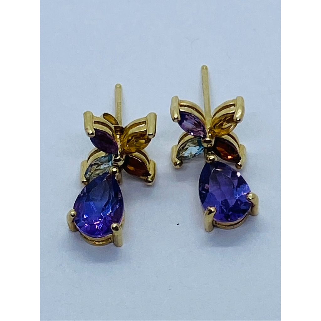 Solid 14K Yellow Gold Amethyst, Garnet, Citrine, Aquamarine Earrings