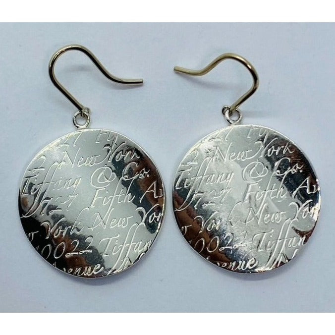 Tiffany & Co. Round Disc Notes Script Drop Dangle Love Earrings Silver